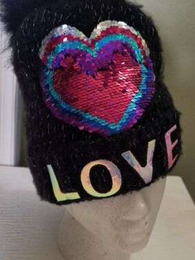 adidas Kids Black Pom Beanie with Iridescent Sequin Heart